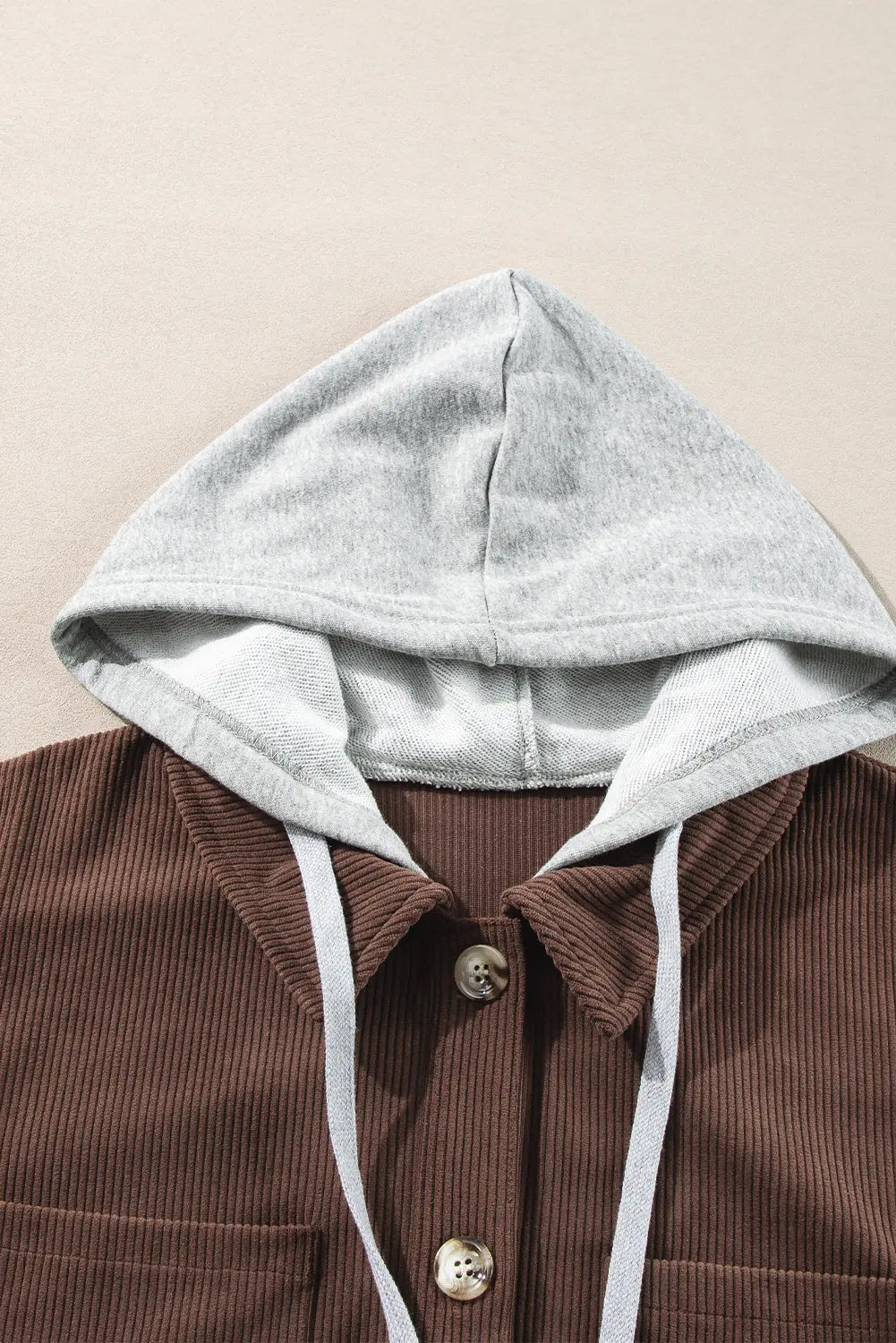 Coffee Hooded Drawstring Pockets Corduroy Shacket - eAura