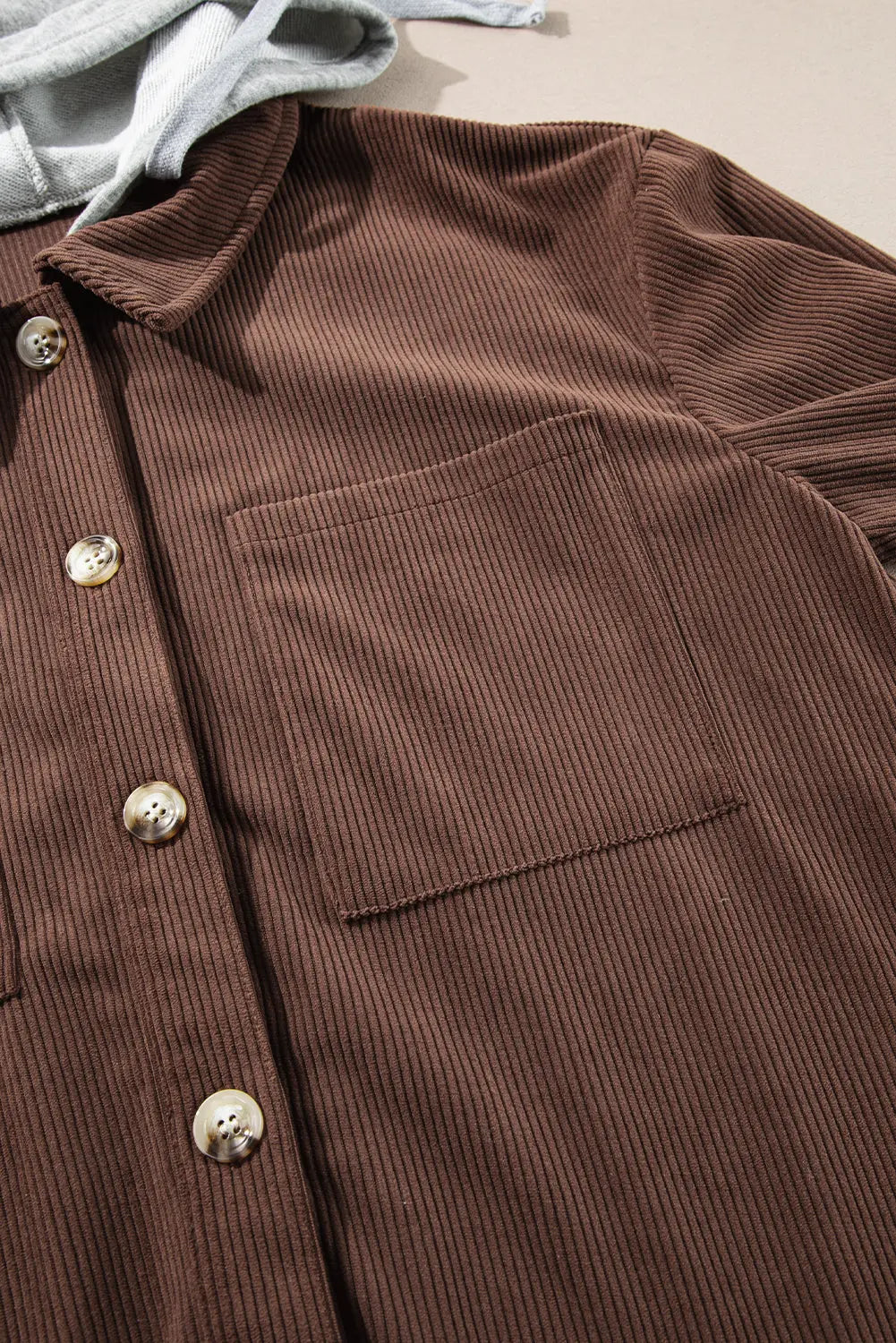 Coffee Hooded Drawstring Pockets Corduroy Shacket - eAura