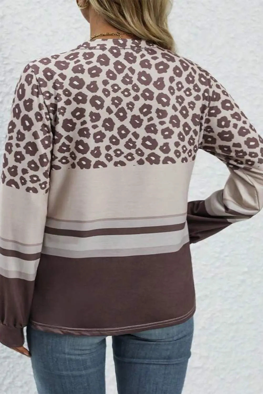 Coffee Plus Size Leopard Striped Long Sleeve Crew Neck Top Beagle Boutique Fashion Outlet