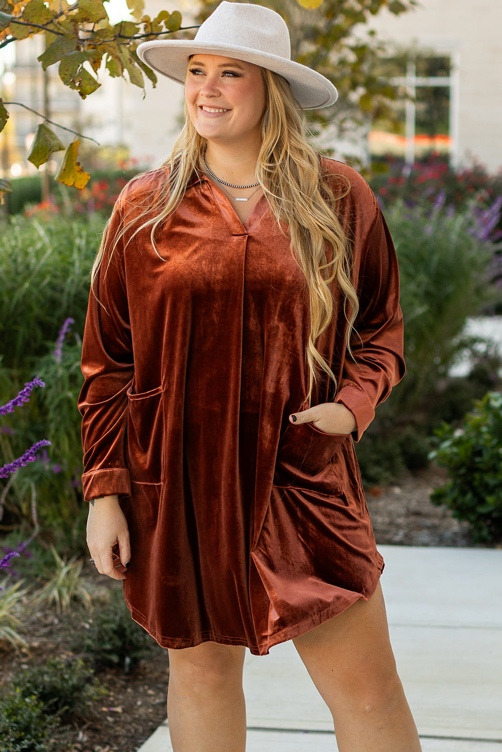Coffee Plus Size V Neck Collared Pleated Back Rounded Hem Velvet Dress - eAura