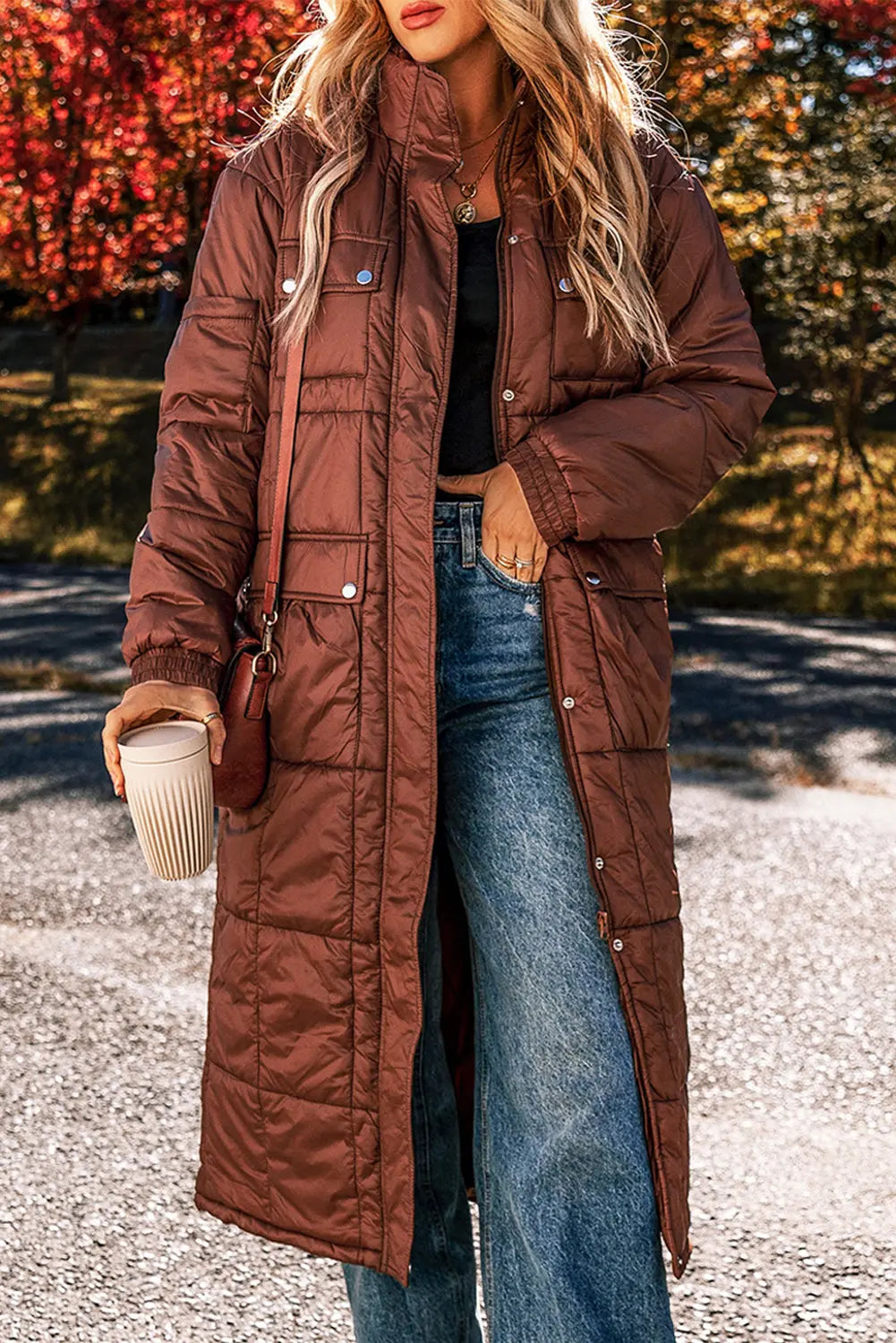 Coffee Quilted Puffer Stand Neck Zipped Mid-length Coat Beagle Boutique Fashion Outlet