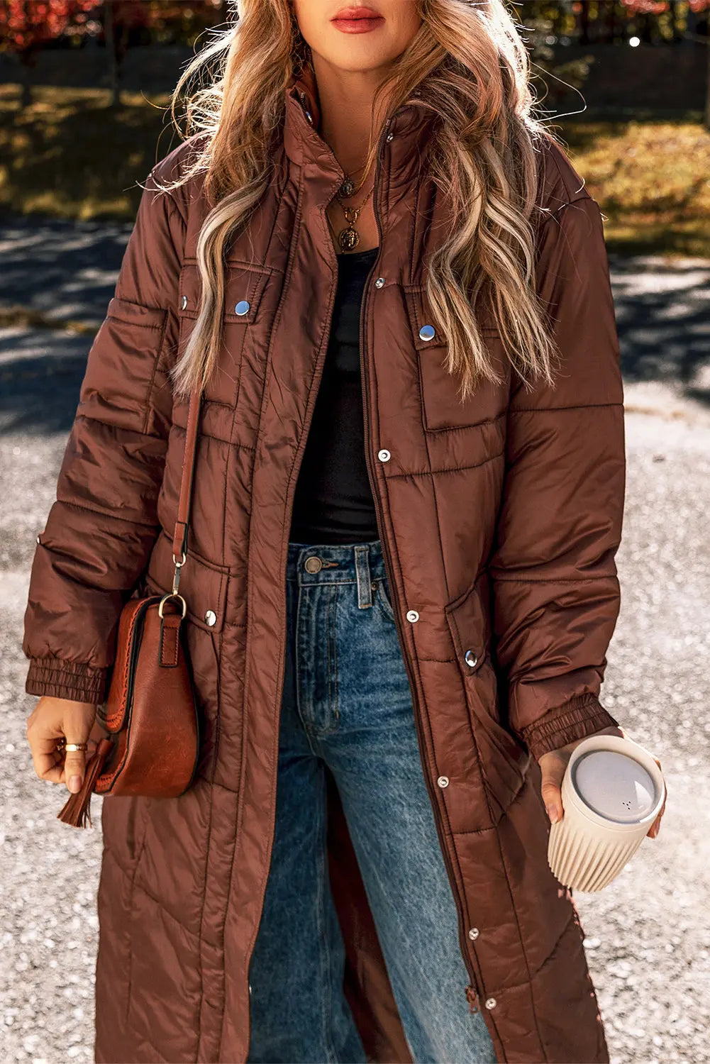 Coffee Quilted Puffer Stand Neck Zipped Mid-length Coat Beagle Boutique Fashion Outlet