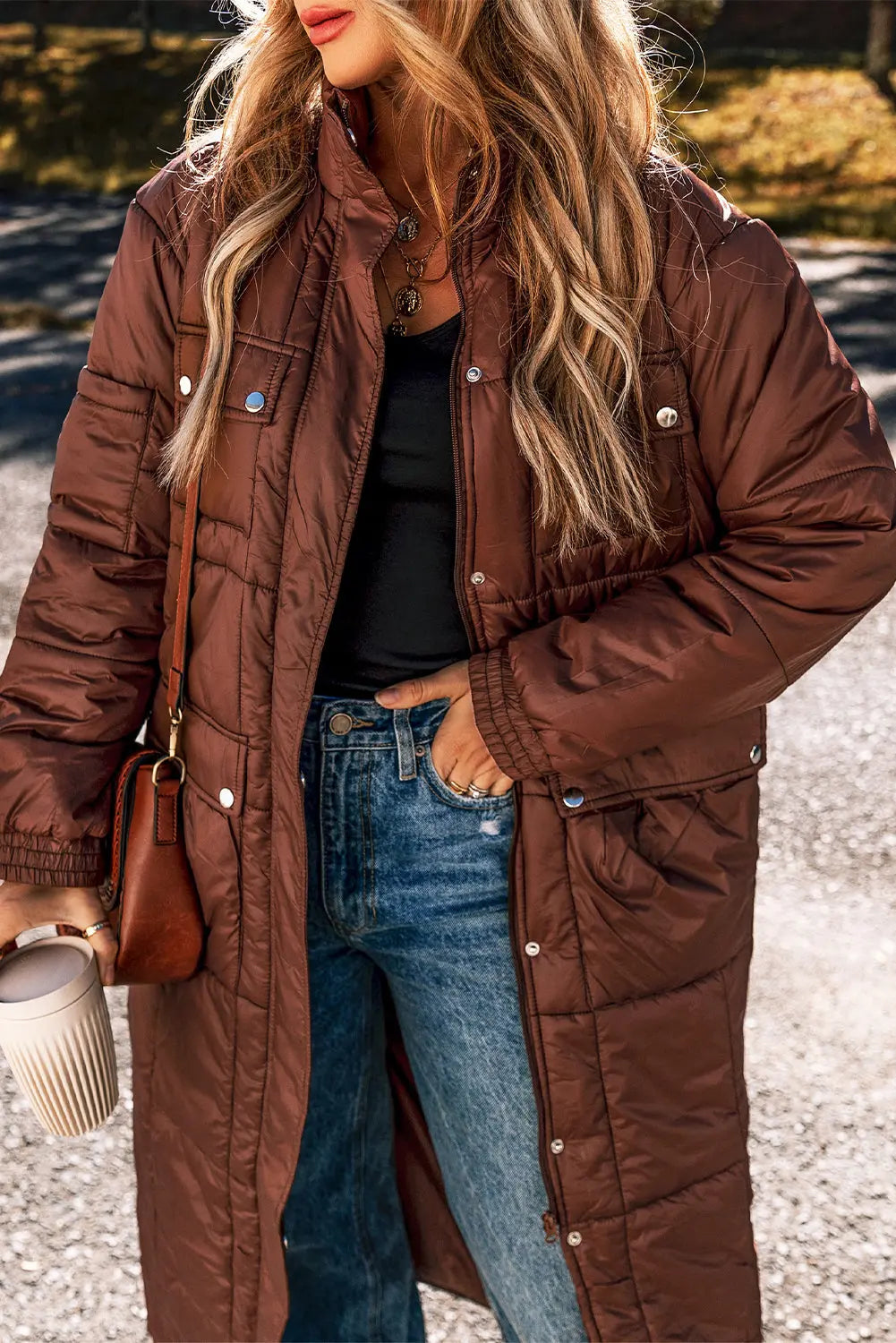 Coffee Quilted Puffer Stand Neck Zipped Mid-length Coat Beagle Boutique Fashion Outlet