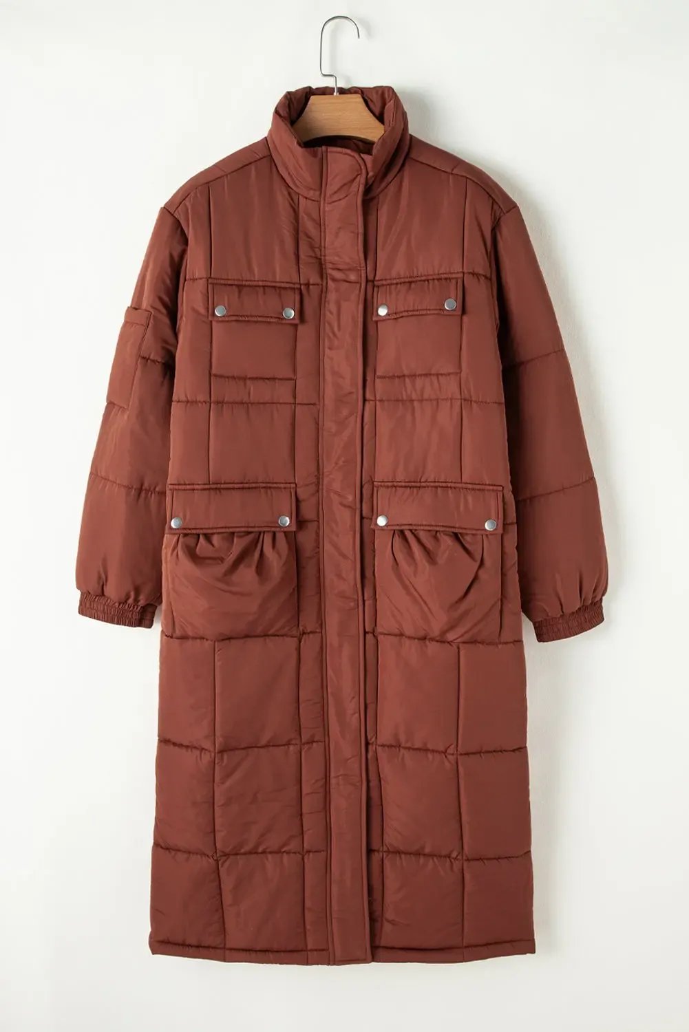 Coffee Quilted Puffer Stand Neck Zipped Mid length Coat