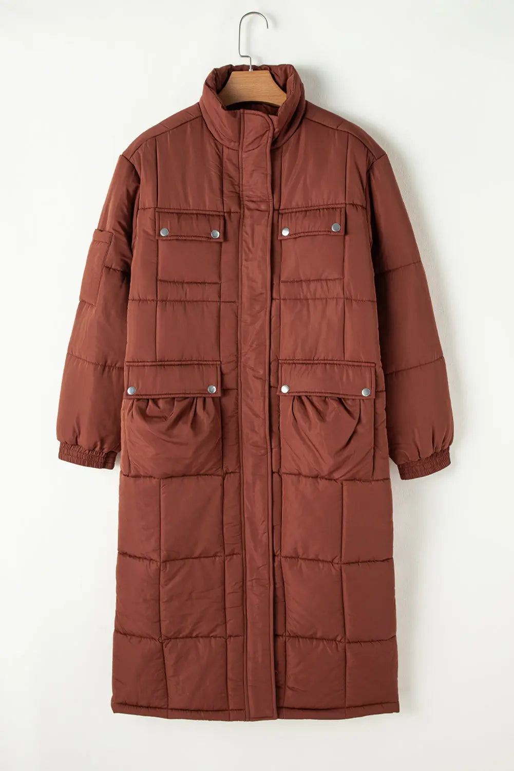 Coffee Quilted Puffer Stand Neck Zipped Mid-length Coat - Outerwear/Coats