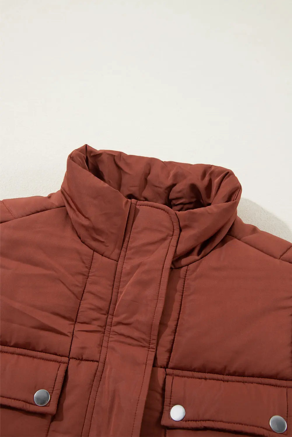 Coffee Quilted Puffer Stand Neck Zipped Mid-length Coat eAura