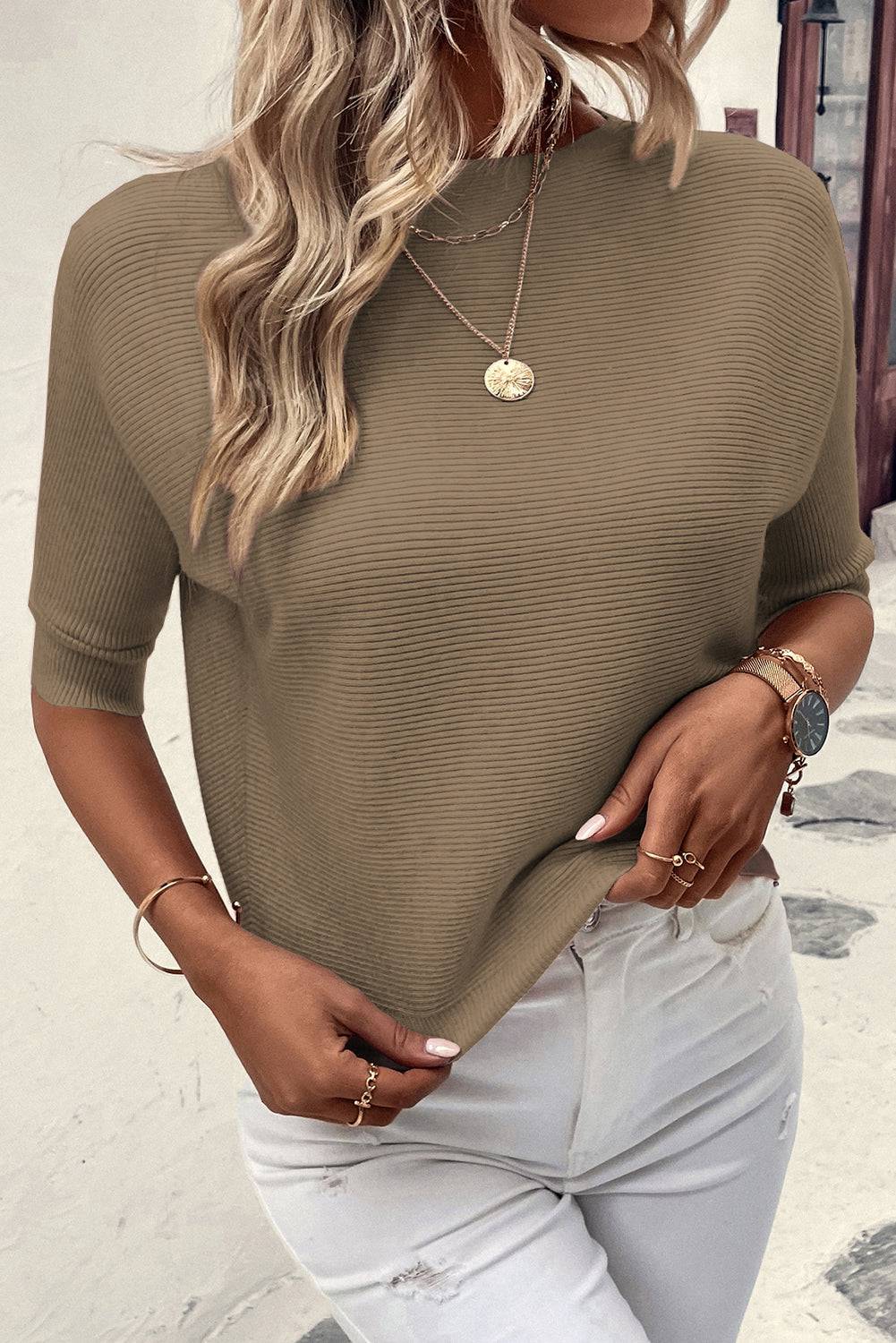 Coffee Round Neck Half Sleeve Ribbed Knit Top - Sweaters & Cardigans/Short