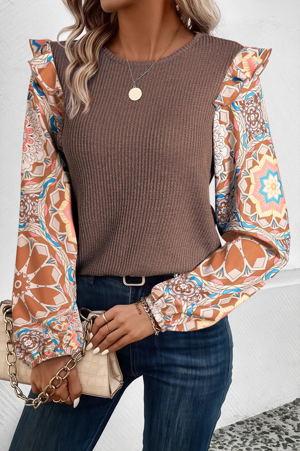 Coffee Ruffled Floral Sleeve Patchwork Waffle Knit O Neck Blouse - eAura