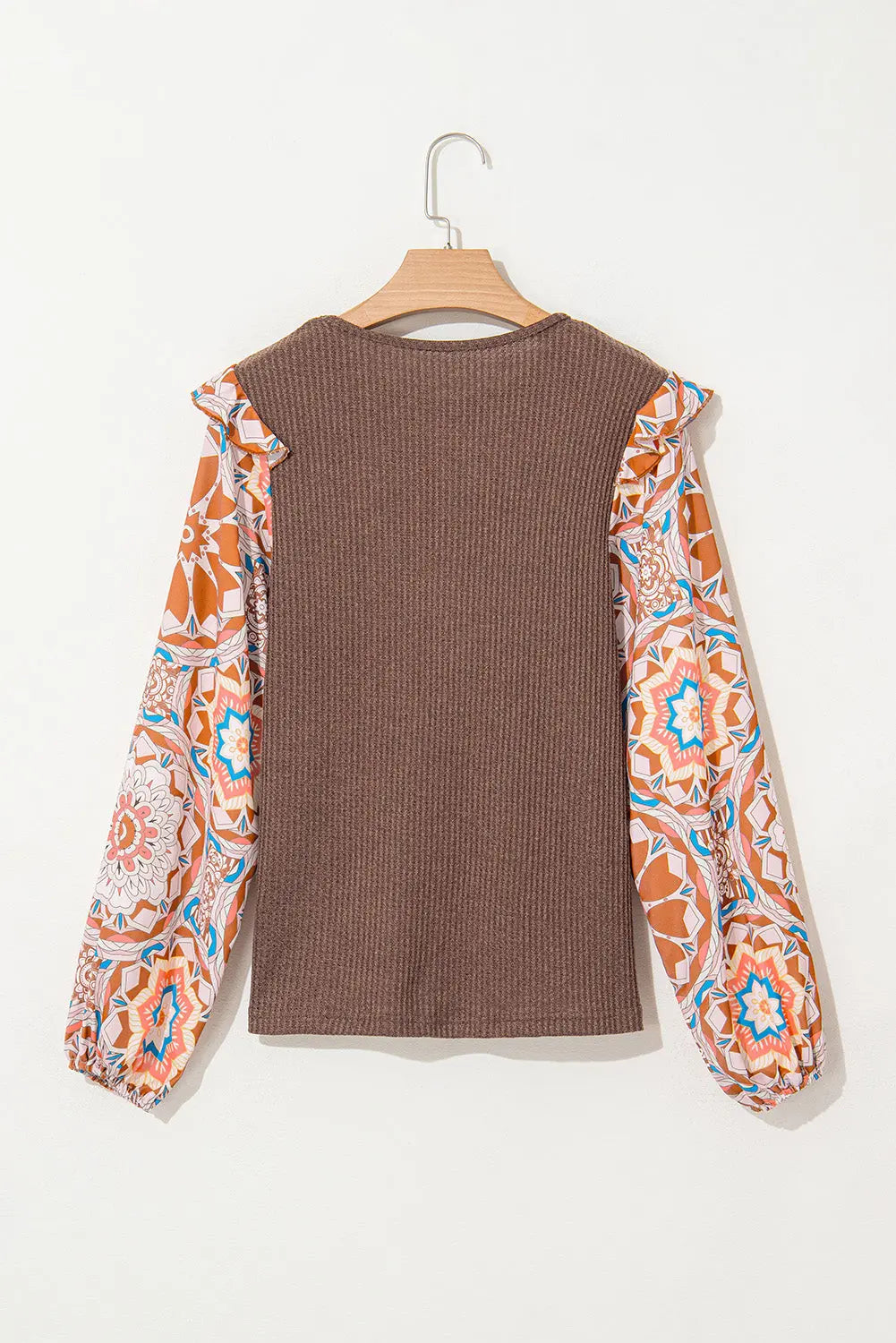 Coffee Ruffled Floral Sleeve Patchwork Waffle Knit O Neck Blouse - eAura