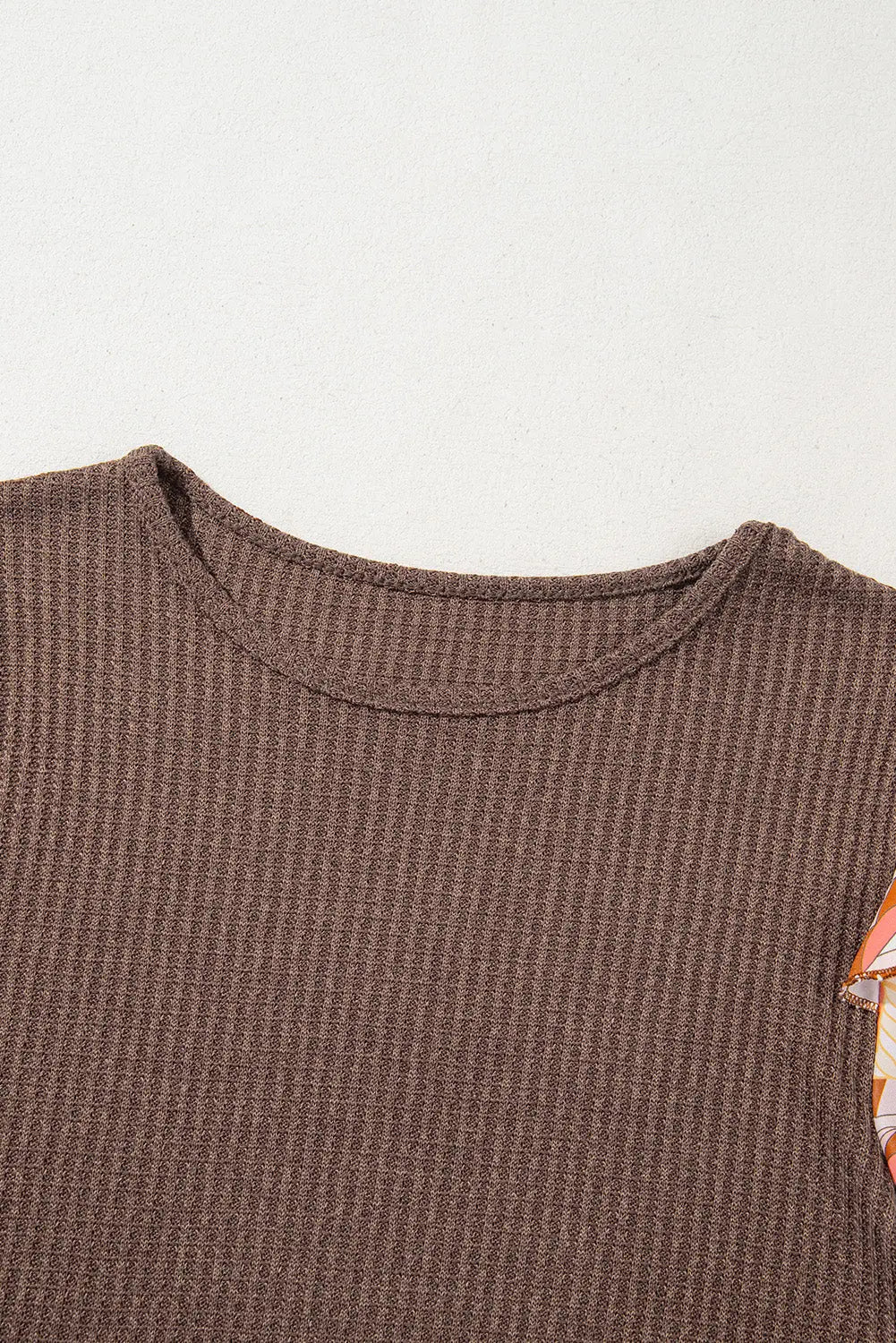 Coffee Ruffled Floral Sleeve Patchwork Waffle Knit O Neck Blouse - eAura