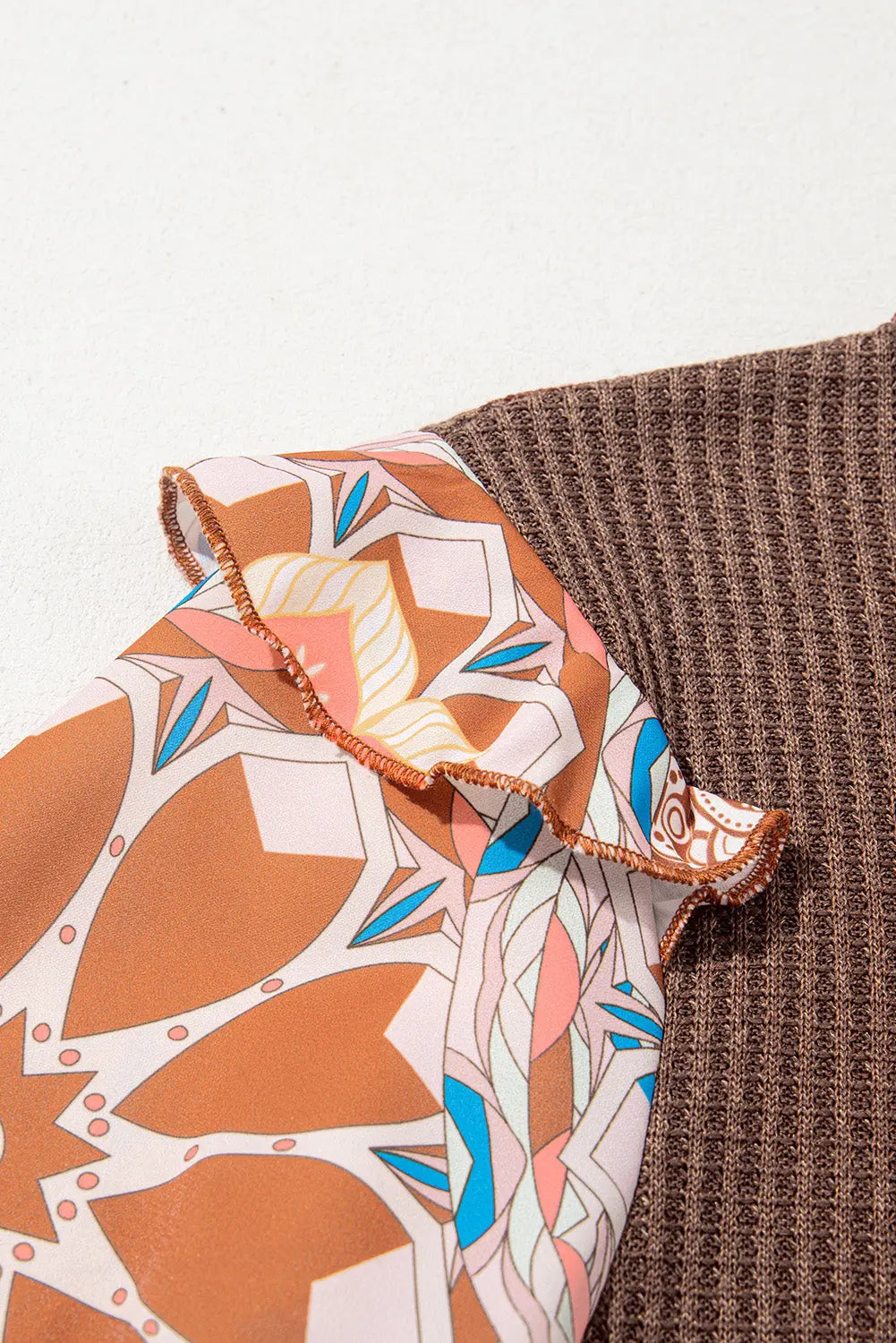 Coffee Ruffled Floral Sleeve Patchwork Waffle Knit O Neck Blouse - eAura