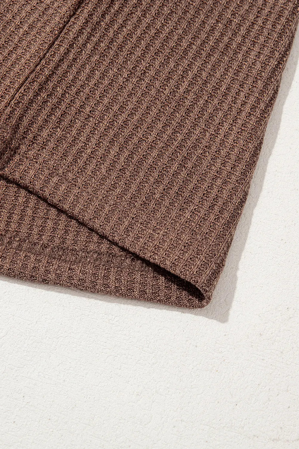 Coffee Ruffled Floral Sleeve Patchwork Waffle Knit O Neck Blouse - eAura