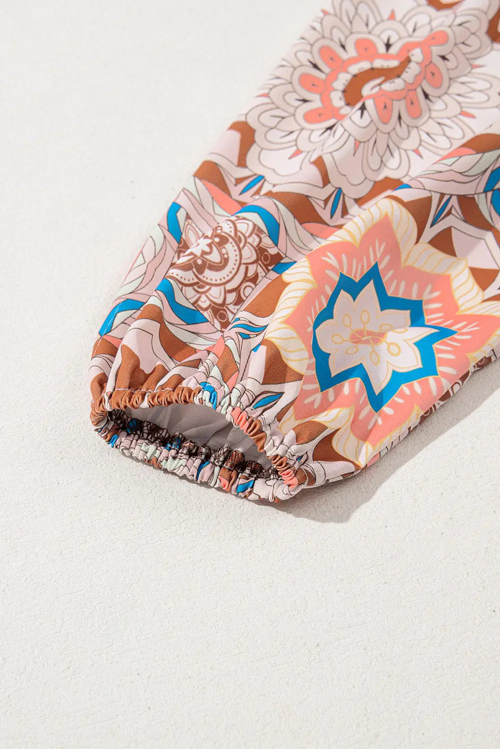 Coffee Ruffled Floral Sleeve Patchwork Waffle Knit O Neck Blouse - eAura