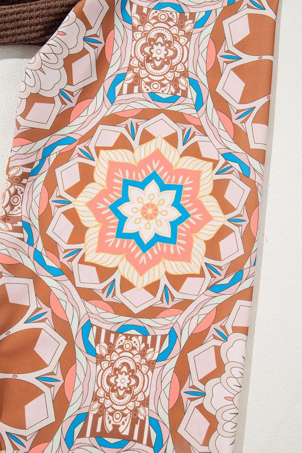 Coffee Ruffled Floral Sleeve Patchwork Waffle Knit O Neck Blouse - eAura