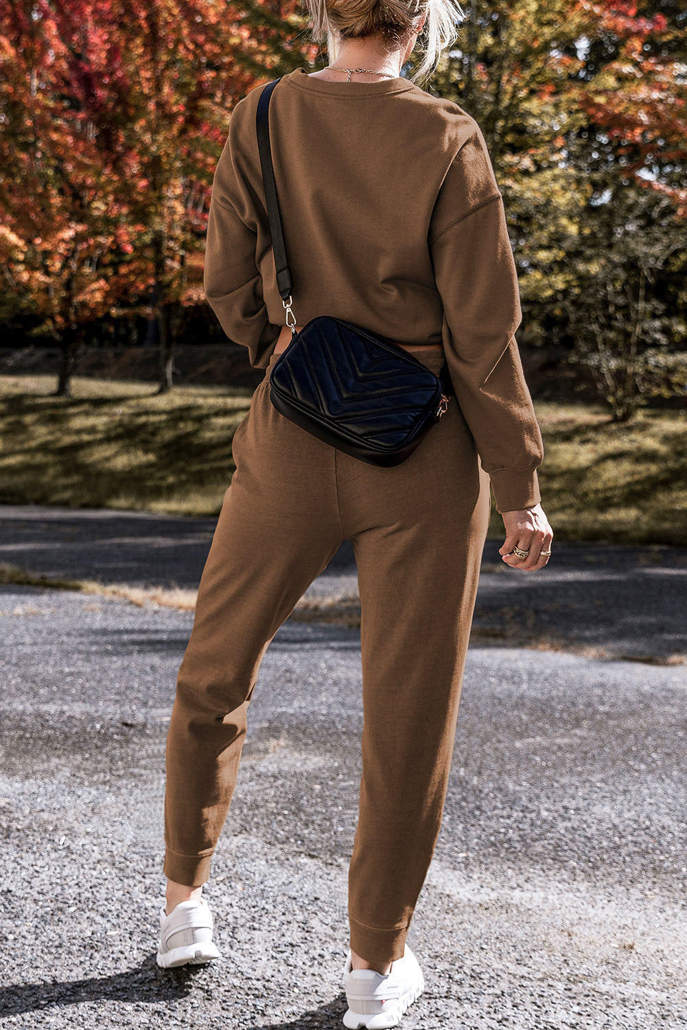 Coffee Solid Colour High Low Pullover and Skinny Trousers Set - eAura
