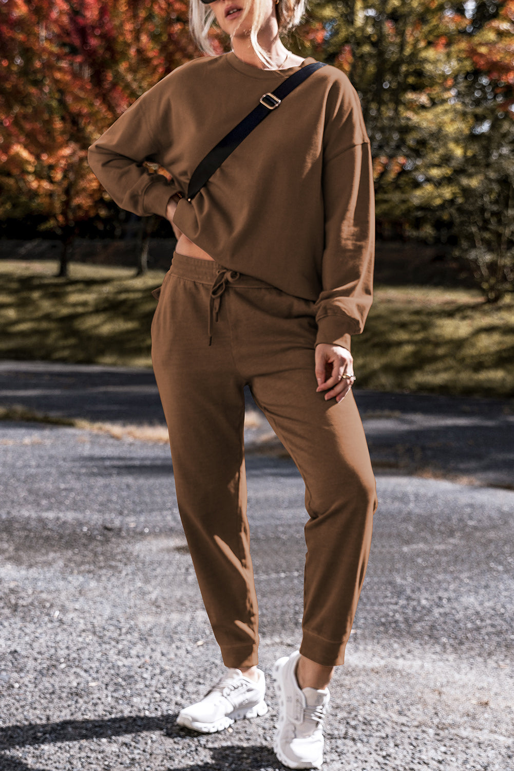 Coffee Solid Colour High Low Pullover and Skinny Trousers Set - eAura