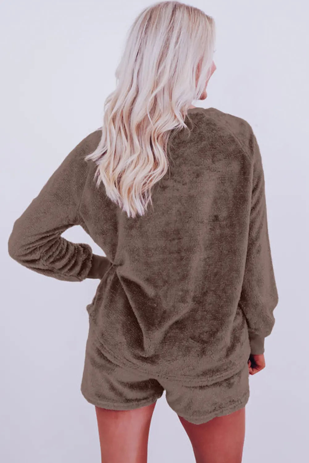 Coffee Solid Loose Fit Two Piece Fleece Lounge Set Beagle Boutique Fashion Outlet
