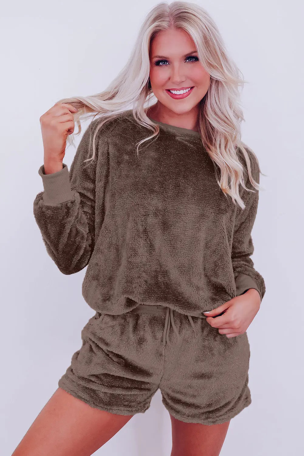 Coffee Solid Loose Fit Two Piece Fleece Lounge Set Beagle Boutique Fashion Outlet