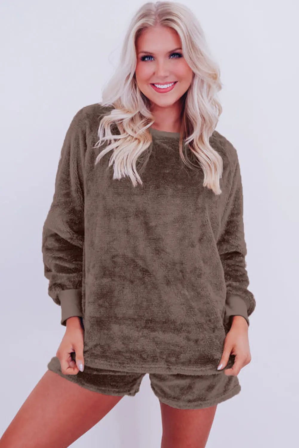 Coffee Solid Loose Fit Two Piece Fleece Lounge Set Beagle Boutique Fashion Outlet