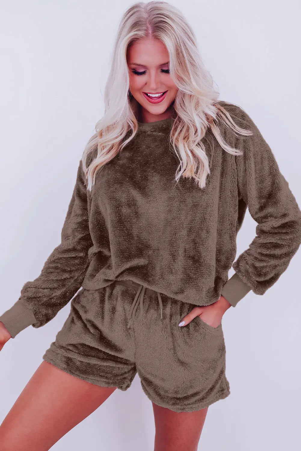 Coffee Solid Loose Fit Two Piece Fleece Lounge Set Beagle Boutique Fashion Outlet