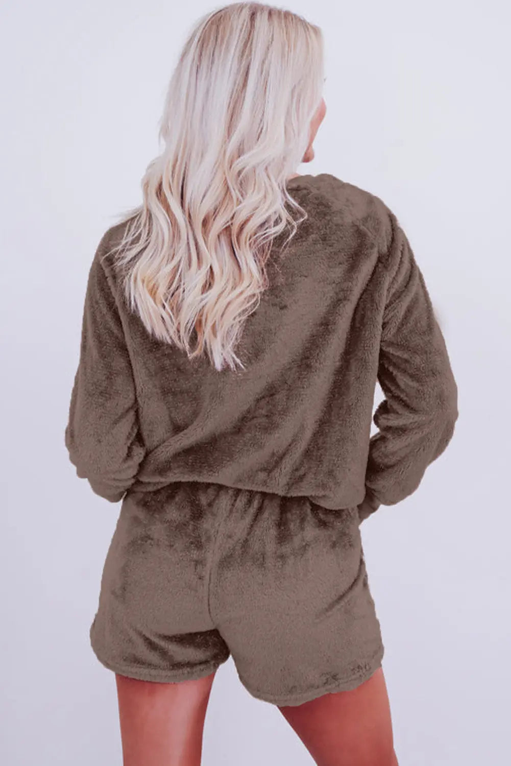 Coffee Solid Loose Fit Two Piece Fleece Lounge Set Beagle Boutique Fashion Outlet