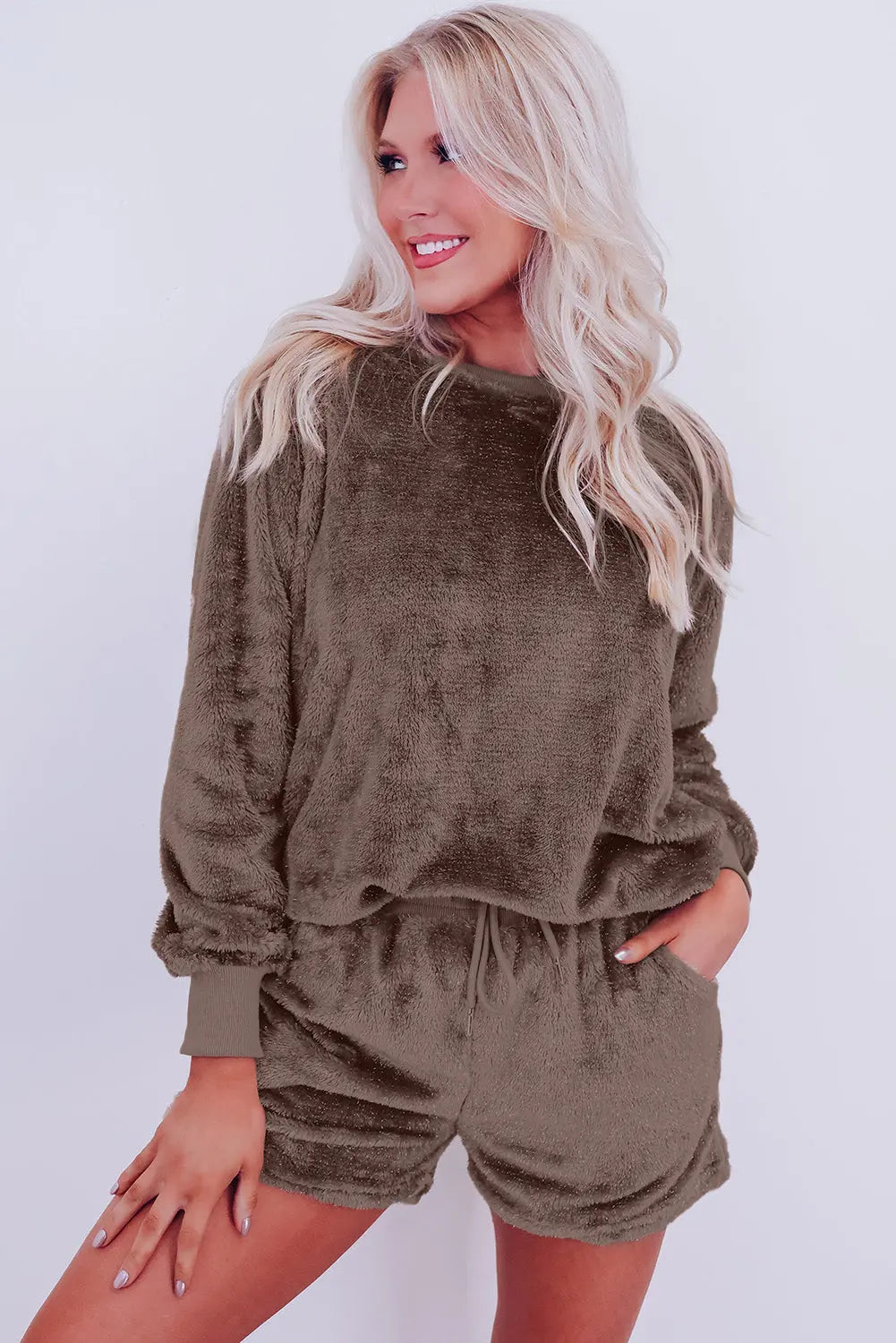 Coffee Solid Loose Fit Two Piece Fleece Lounge Set Beagle Boutique Fashion Outlet