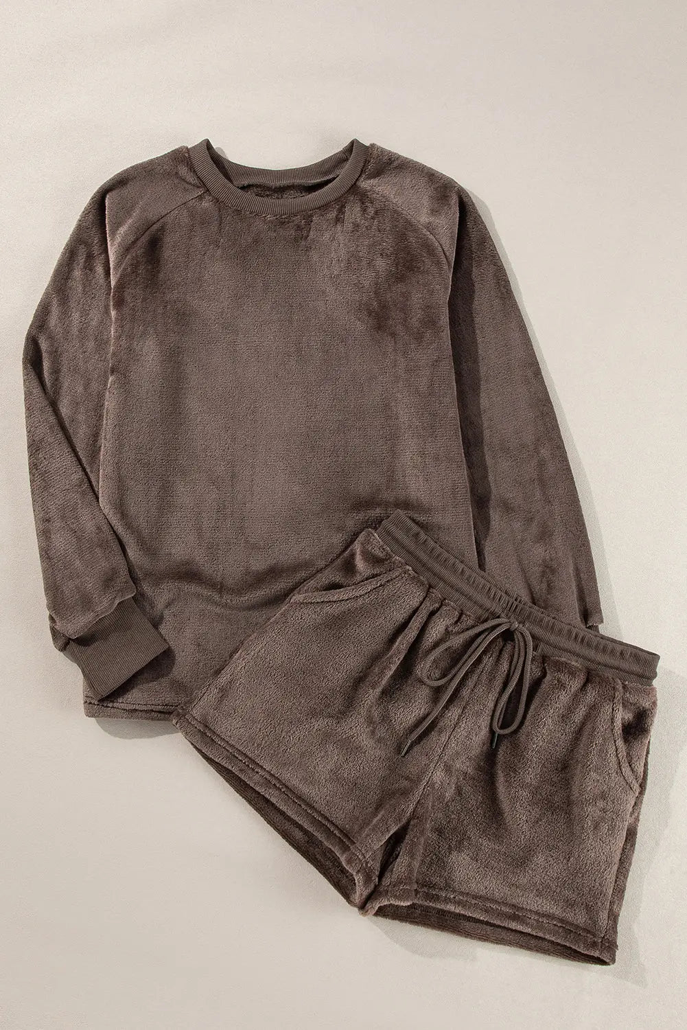 Coffee Solid Loose Fit Two Piece Fleece Lounge Set Beagle Boutique Fashion Outlet
