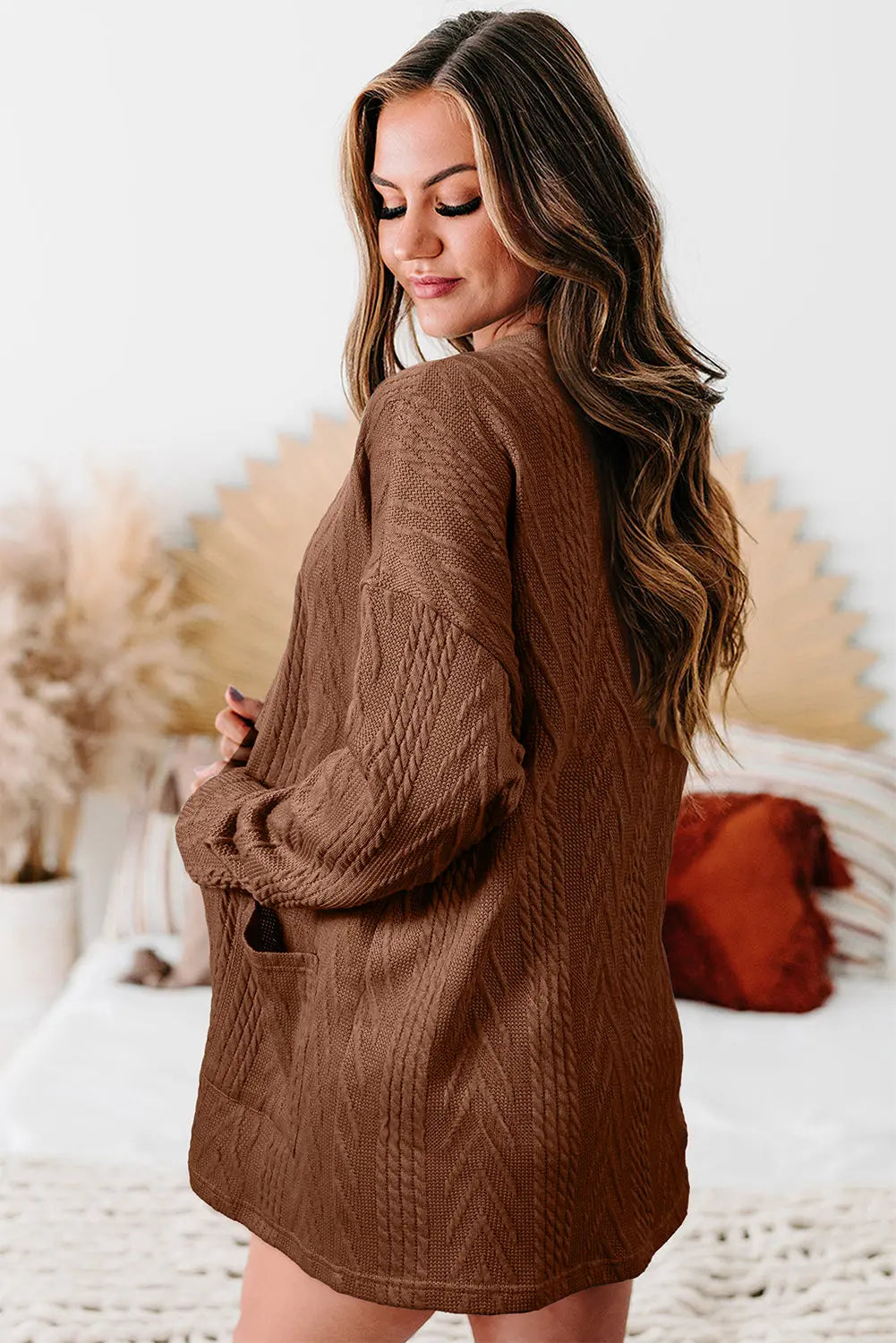 Coffee  Solid Textured Open Front Cardigan with Pocket Beagle Boutique Fashion Outlet