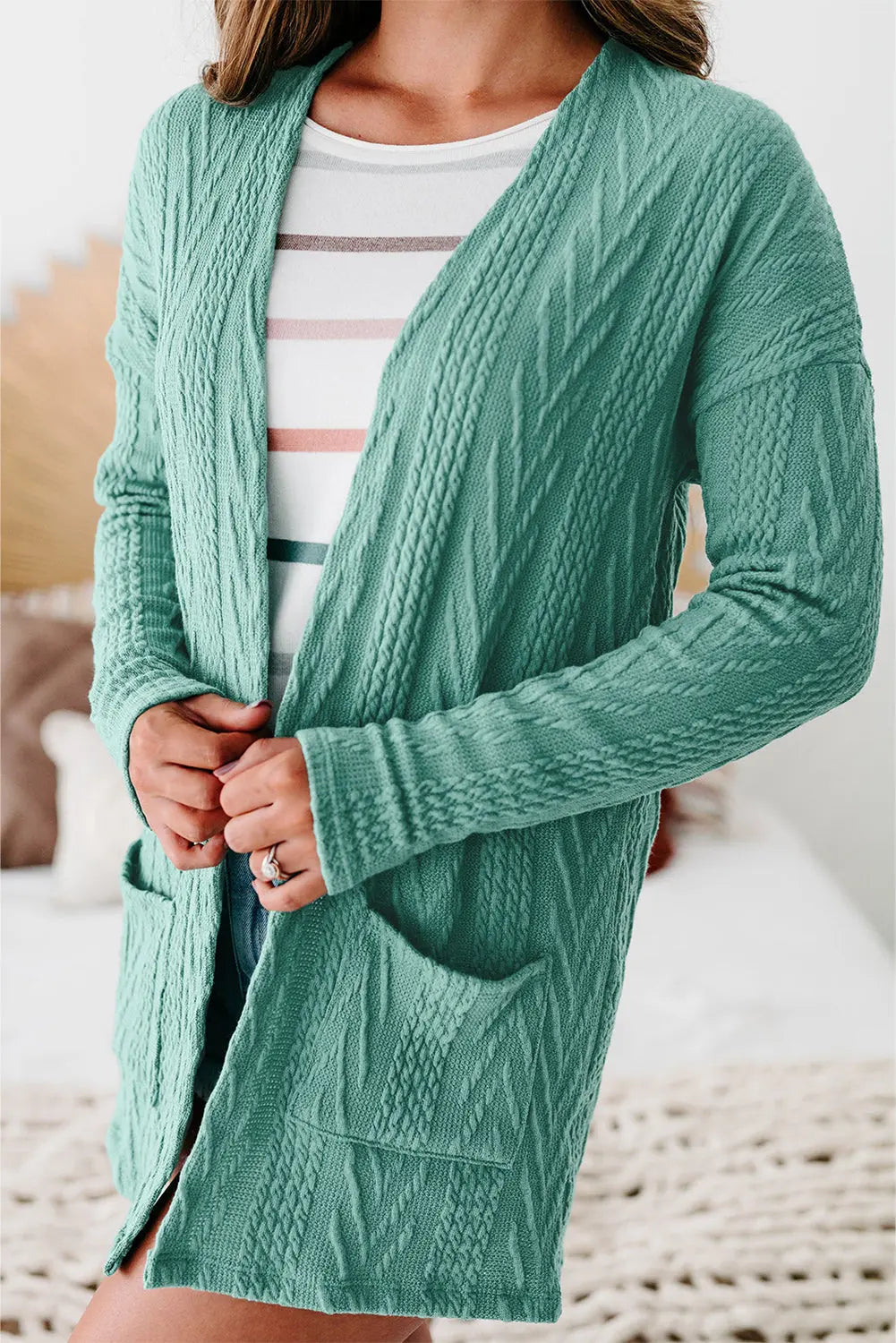 Coffee  Solid Textured Open Front Cardigan with Pocket Beagle Boutique Fashion Outlet