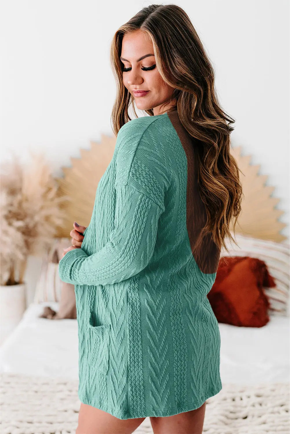 Coffee  Solid Textured Open Front Cardigan with Pocket Beagle Boutique Fashion Outlet