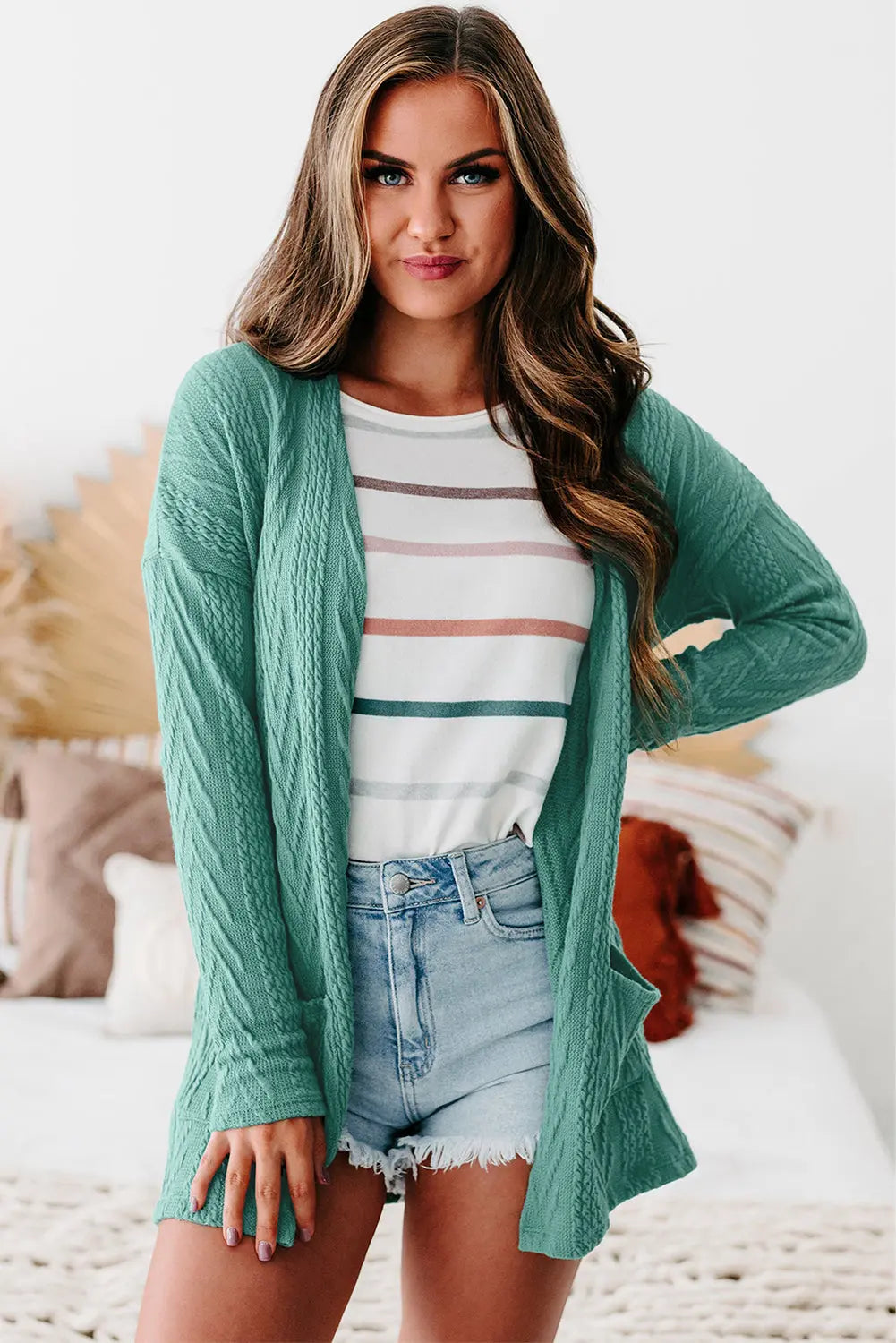 Coffee  Solid Textured Open Front Cardigan with Pocket Beagle Boutique Fashion Outlet
