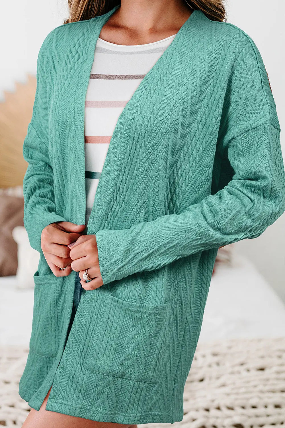 Coffee  Solid Textured Open Front Cardigan with Pocket Beagle Boutique Fashion Outlet