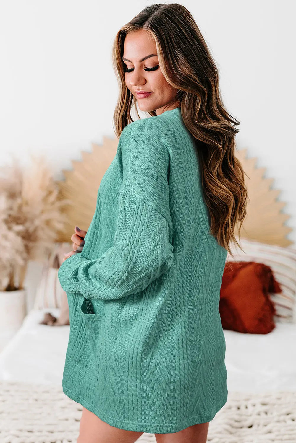 Coffee  Solid Textured Open Front Cardigan with Pocket Beagle Boutique Fashion Outlet