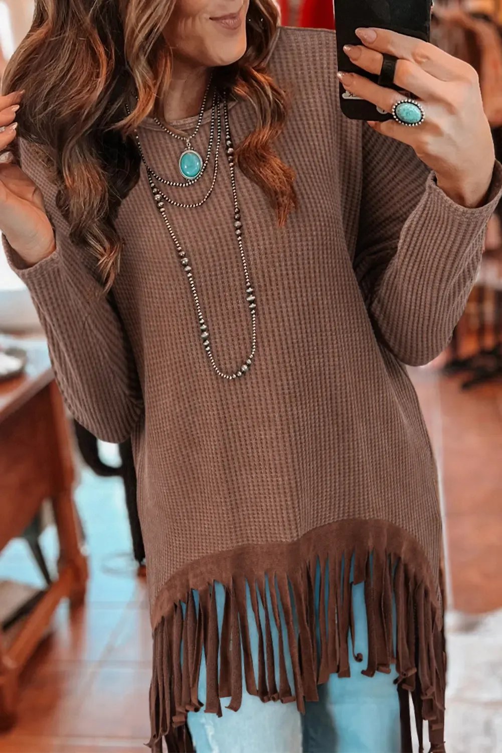 Coffee Waffle Knit Fringed High Low Loose Top - eAura