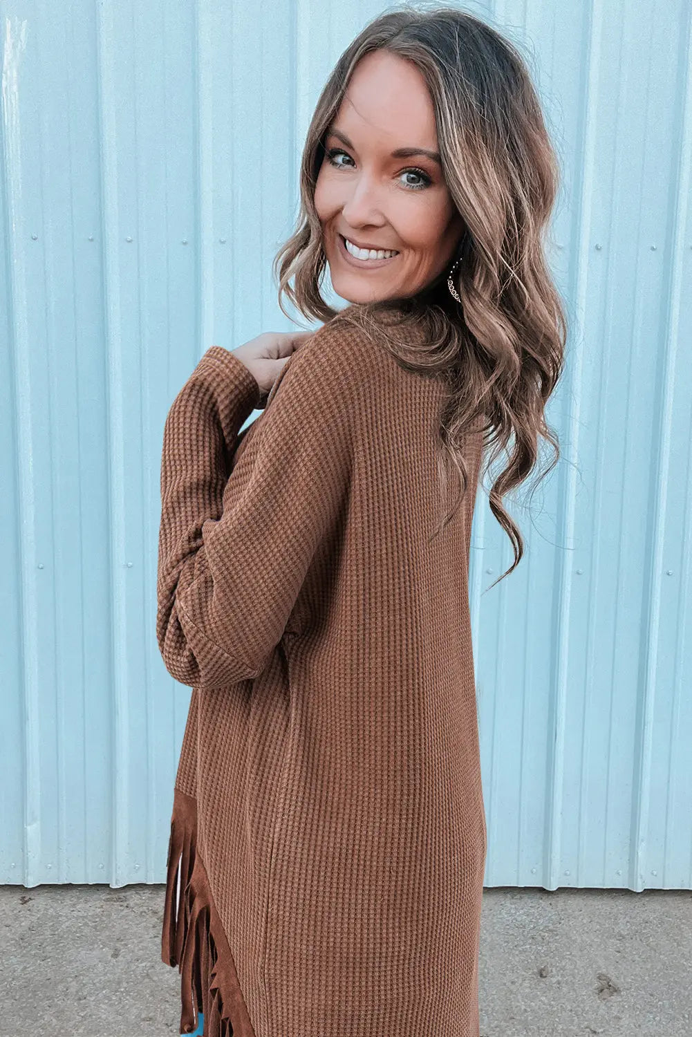 Coffee Waffle Knit Fringed High Low Loose Top Beagle Boutique Fashion Outlet
