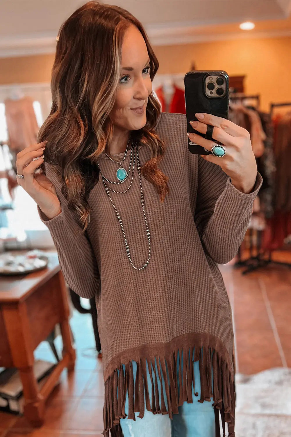 Coffee Waffle Knit Fringed High Low Loose Top Beagle Boutique Fashion Outlet