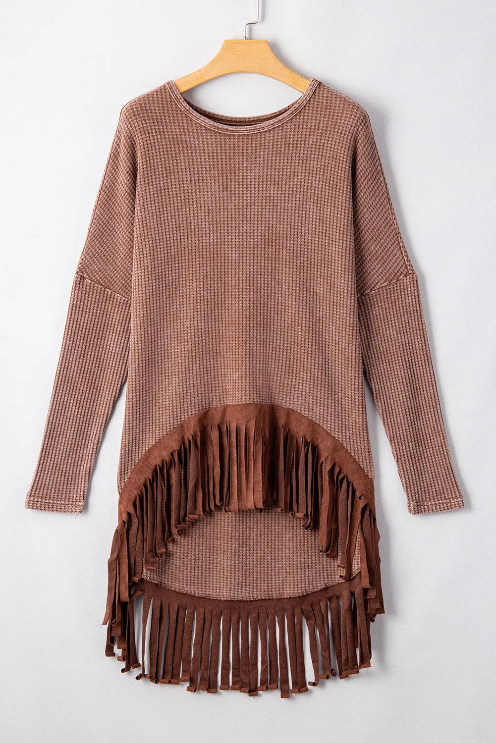 Coffee Waffle Knit Fringed High Low Loose Top Beagle Boutique Fashion Outlet
