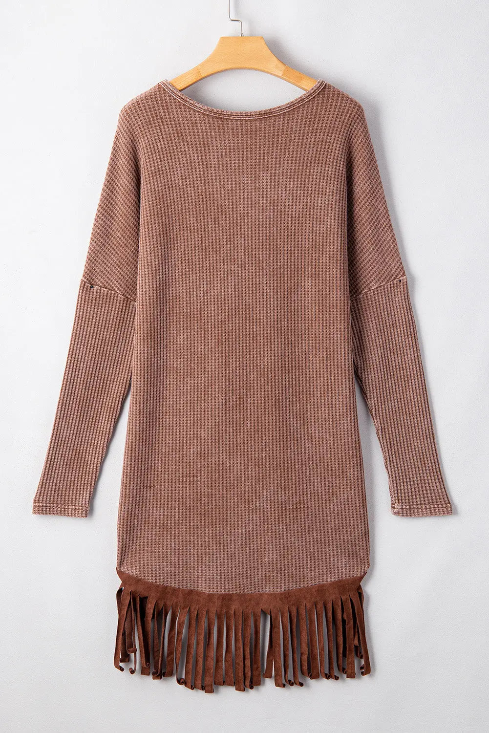 Coffee Waffle Knit Fringed High Low Loose Top Beagle Boutique Fashion Outlet