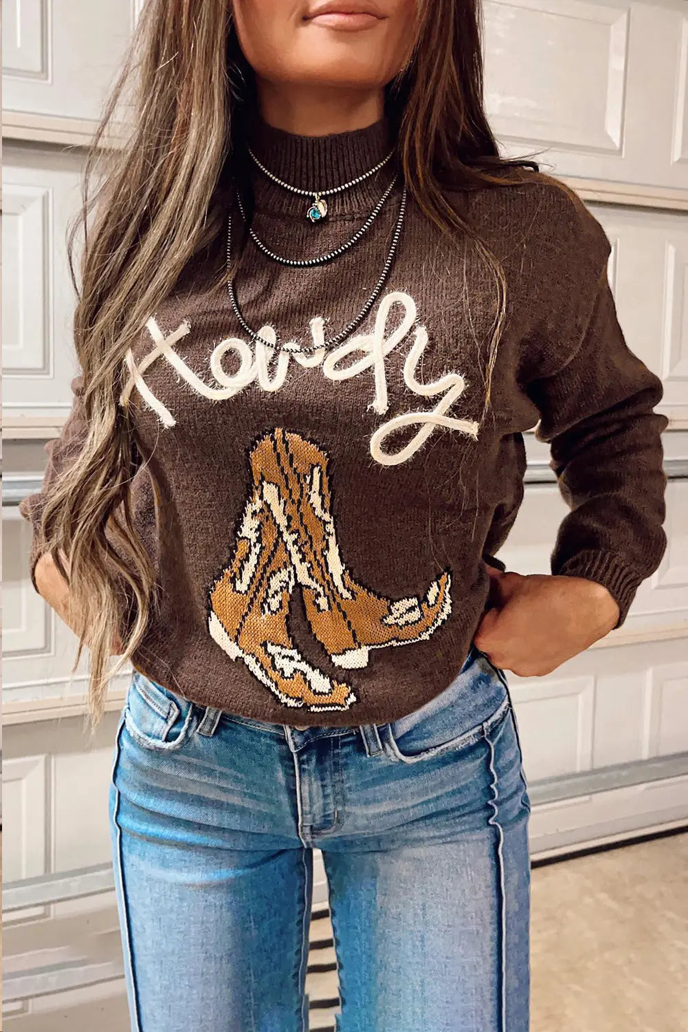 Coffee Western Howdy Boot Graphic High Neck Sweater - eAura