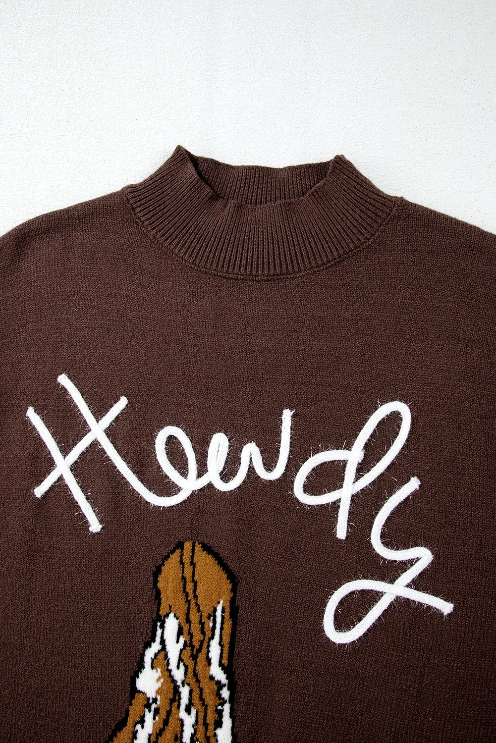 Coffee Western Howdy Boot Graphic High Neck Sweater - eAura