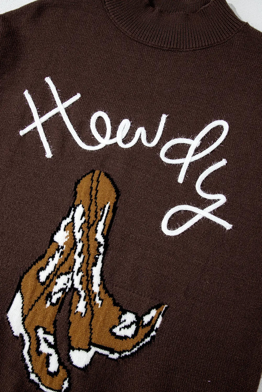 Coffee Western Howdy Boot Graphic High Neck Sweater - eAura