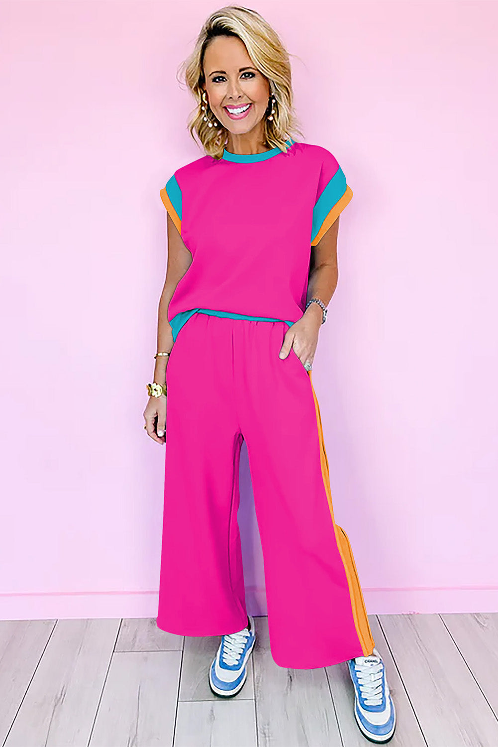 Colour Block Detail Casual Two-piece Co-ord Set - Two Piece Sets/Pant Sets