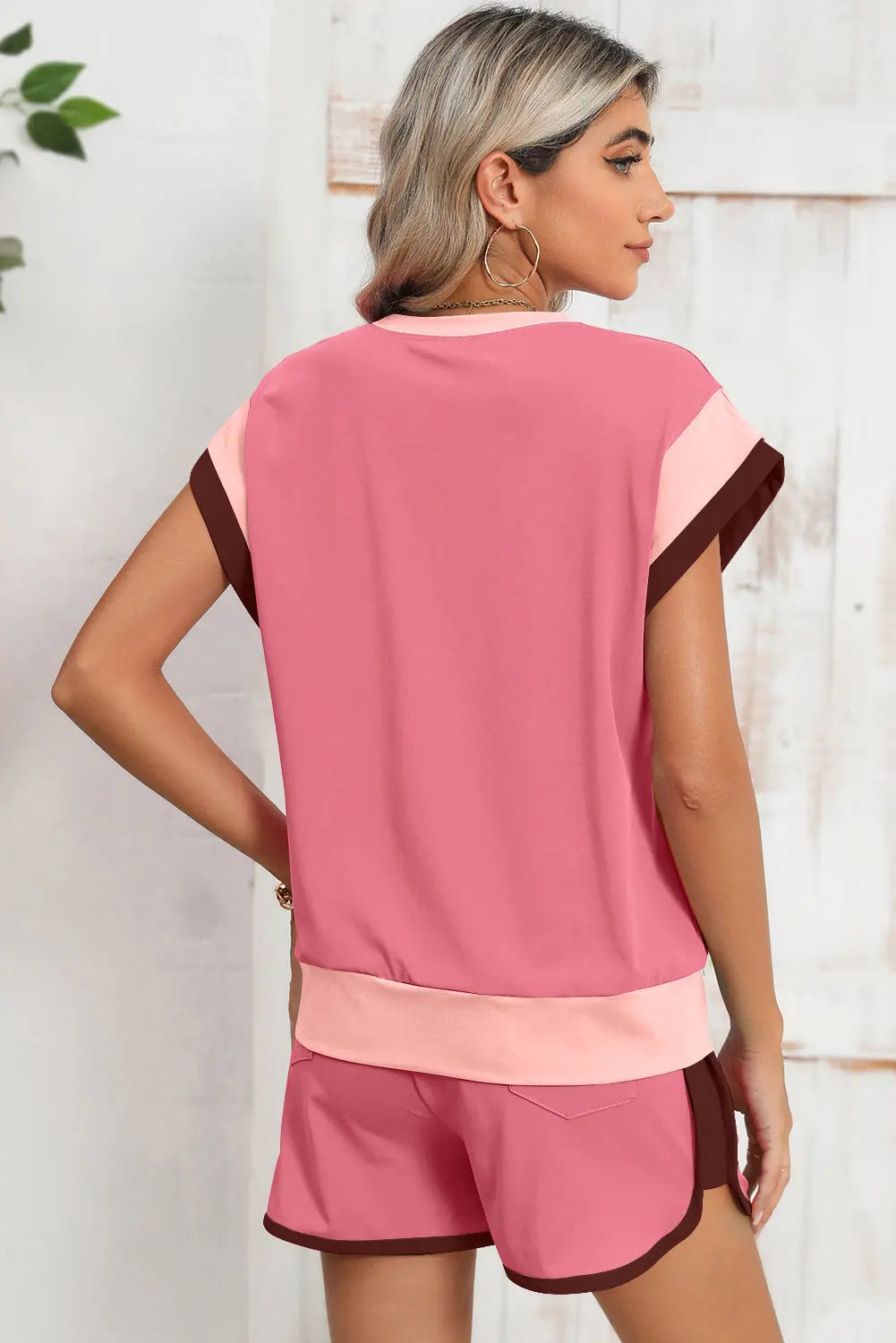 Colour Block Loose Fit Top & Elastic Waist Shorts Set - eAura