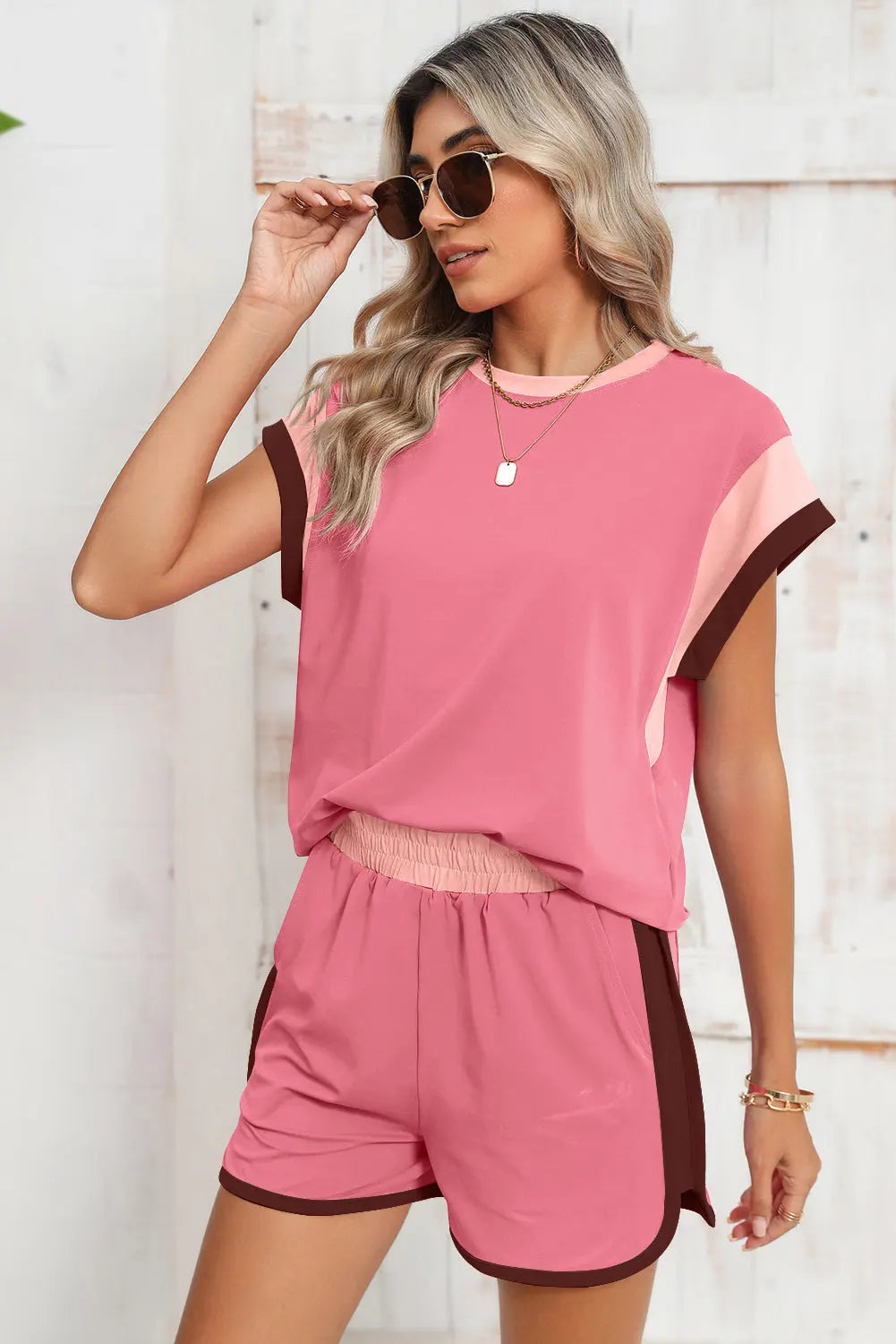 Colour Block Loose Fit Top & Elastic Waist Shorts Set - eAura