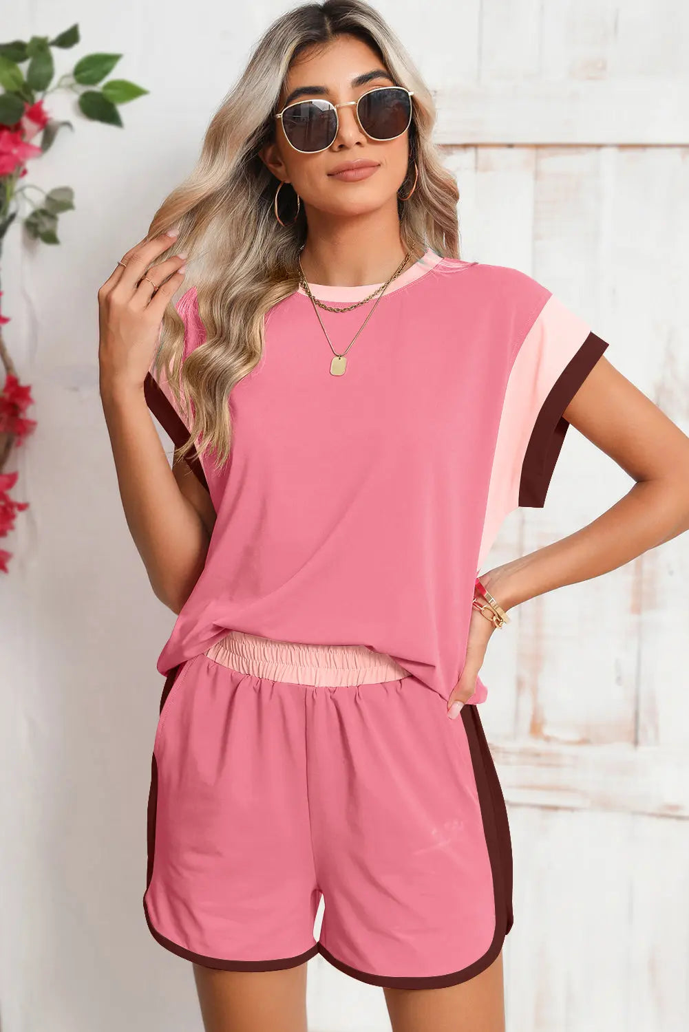 Colour Block Loose Fit Top & Elastic Waist Shorts Set - eAura