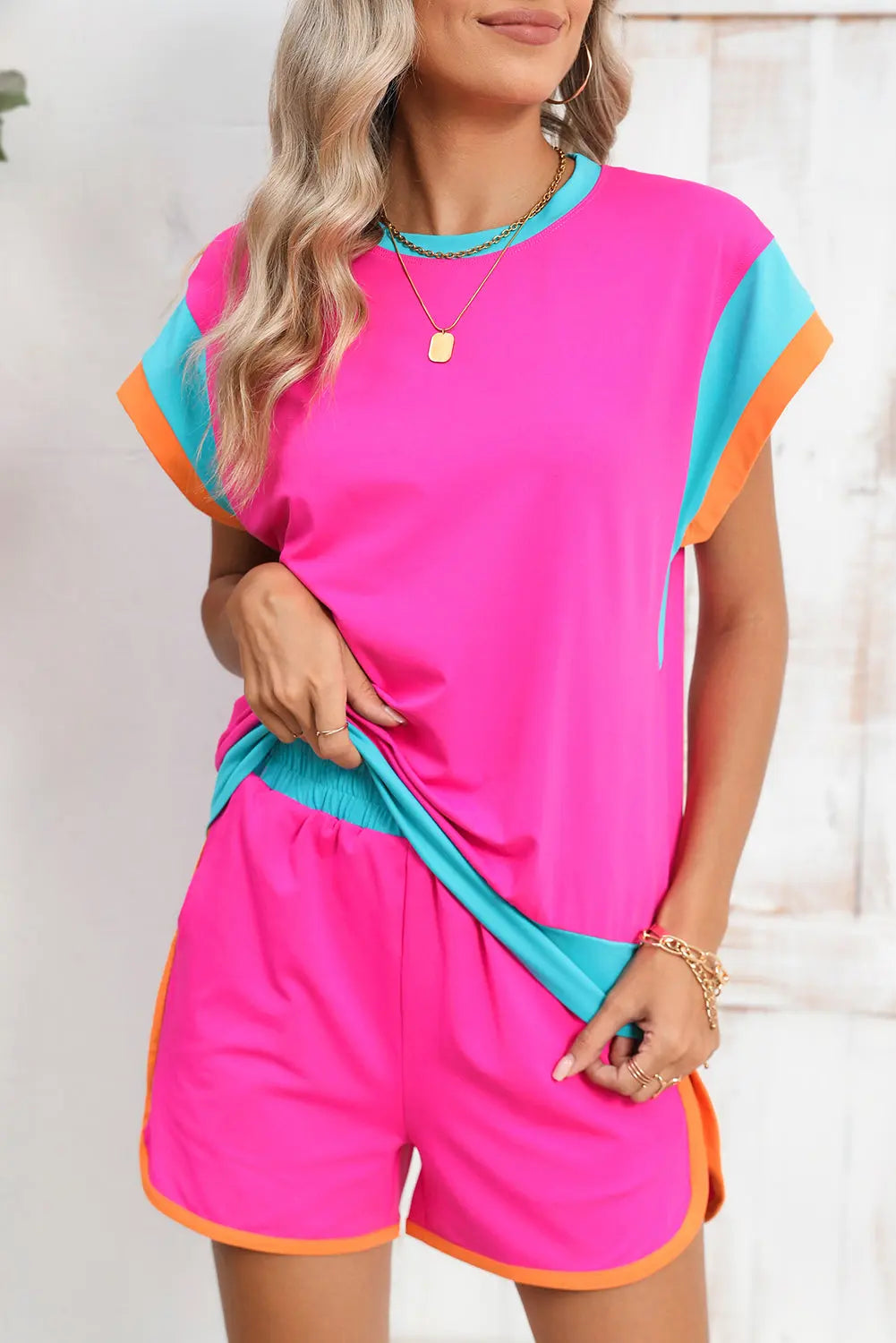 Colour Block Loose Fit Top & Elastic Waist Shorts Set - eAura