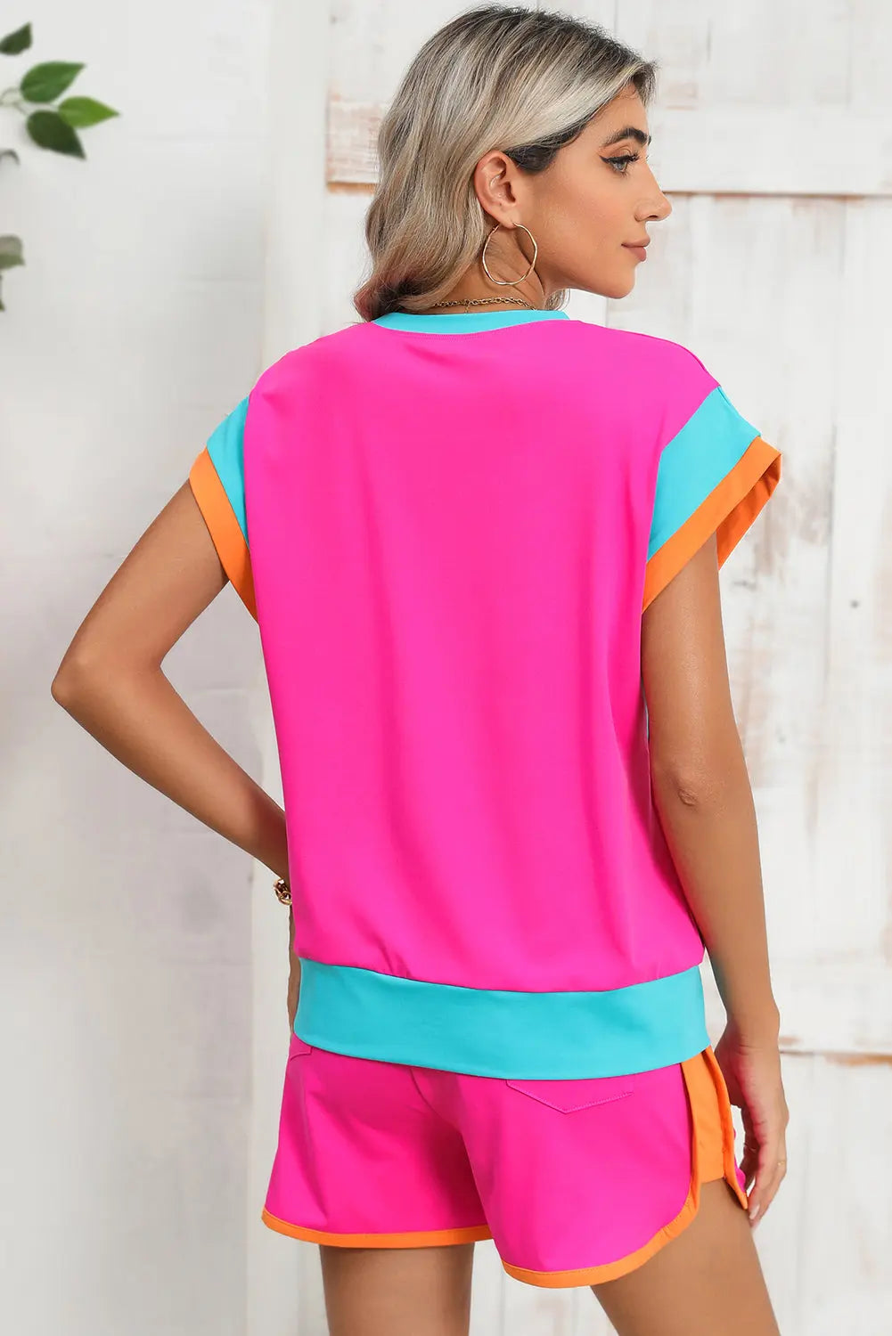 Colour Block Loose Fit Top & Elastic Waist Shorts Set - eAura