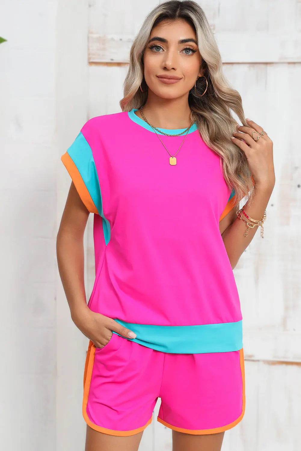 Colour Block Loose Fit Top & Elastic Waist Shorts Set - eAura