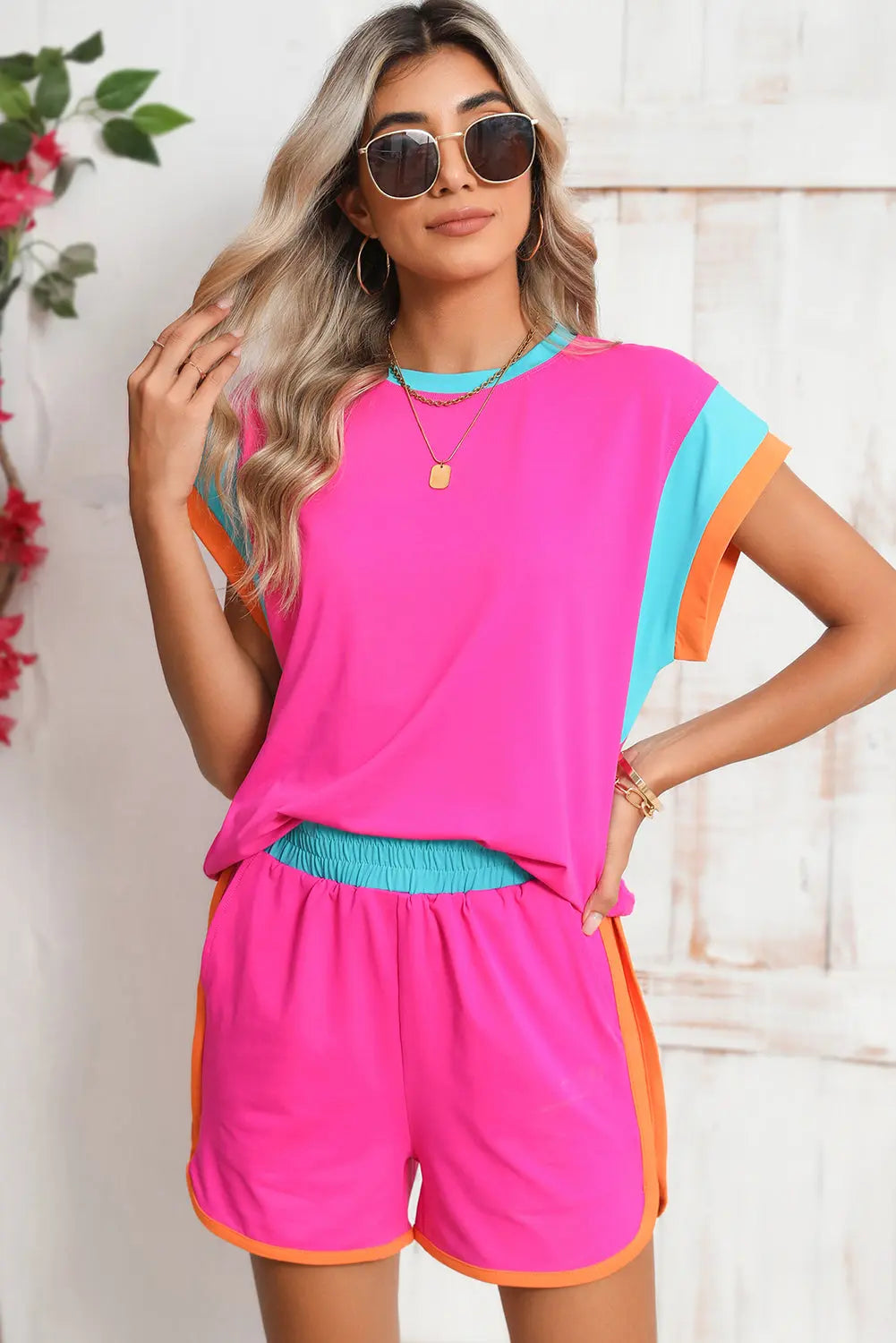 Colour Block Loose Fit Top & Elastic Waist Shorts Set - eAura
