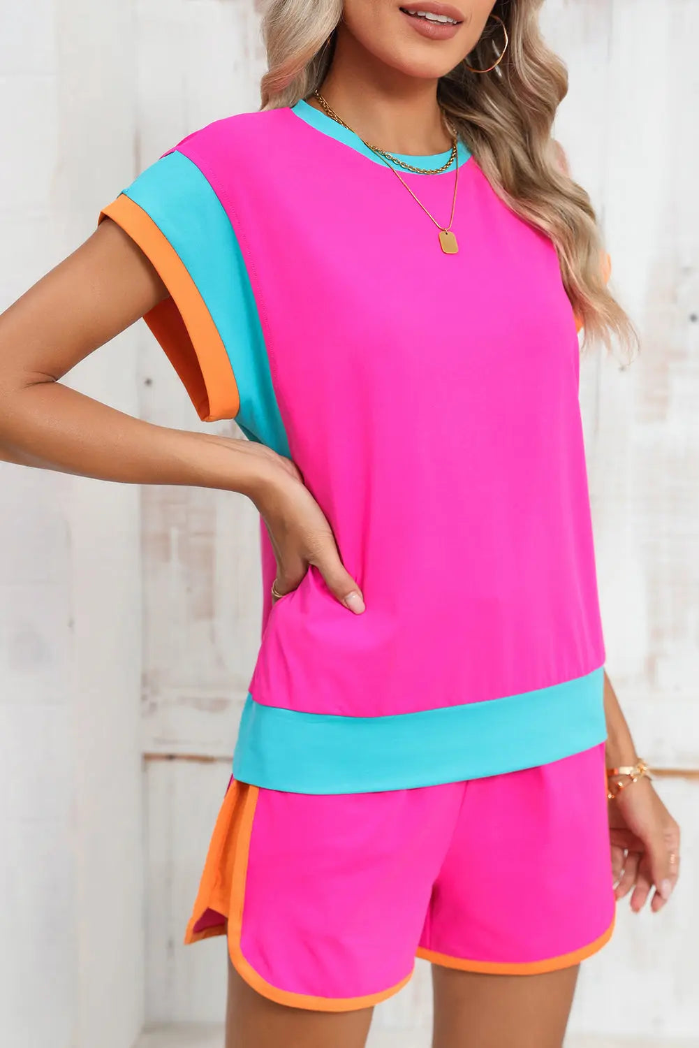 Colour Block Loose Fit Top & Elastic Waist Shorts Set - eAura